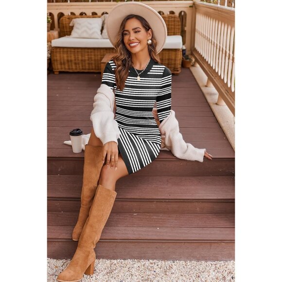Women Colorblock Striped Long Sleeve Cotton Black White Sweater Bodycon Dress - Picture 3 of 5